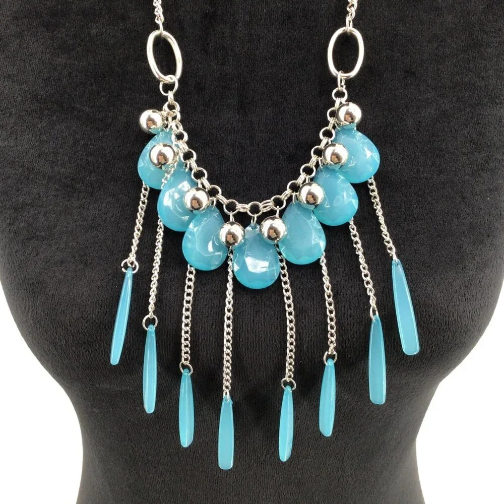 Teardrop Beaded Chain Fringe Necklace 24 Inch Length Blue Silver Tone
